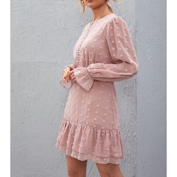 Dusty Pink Lace Insert Swiss Dot Layered Dress - Picture 4 of 6